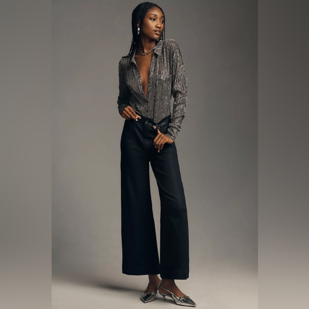 NWT! Paige Anessa Coated Black Wide Leg Cropped Denim Jean -Size 31 🍍
